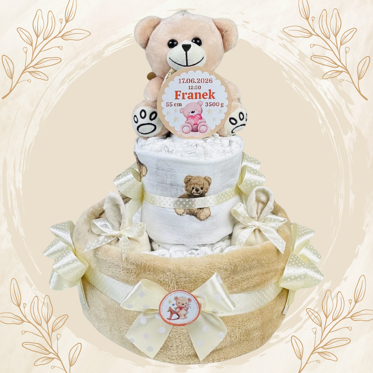 Tort z Pieluch z Misiem i Metryczką – Prezent dla Noworodka na Narodziny, Baby Shower i Chrzest | Pampers / Dada r.2