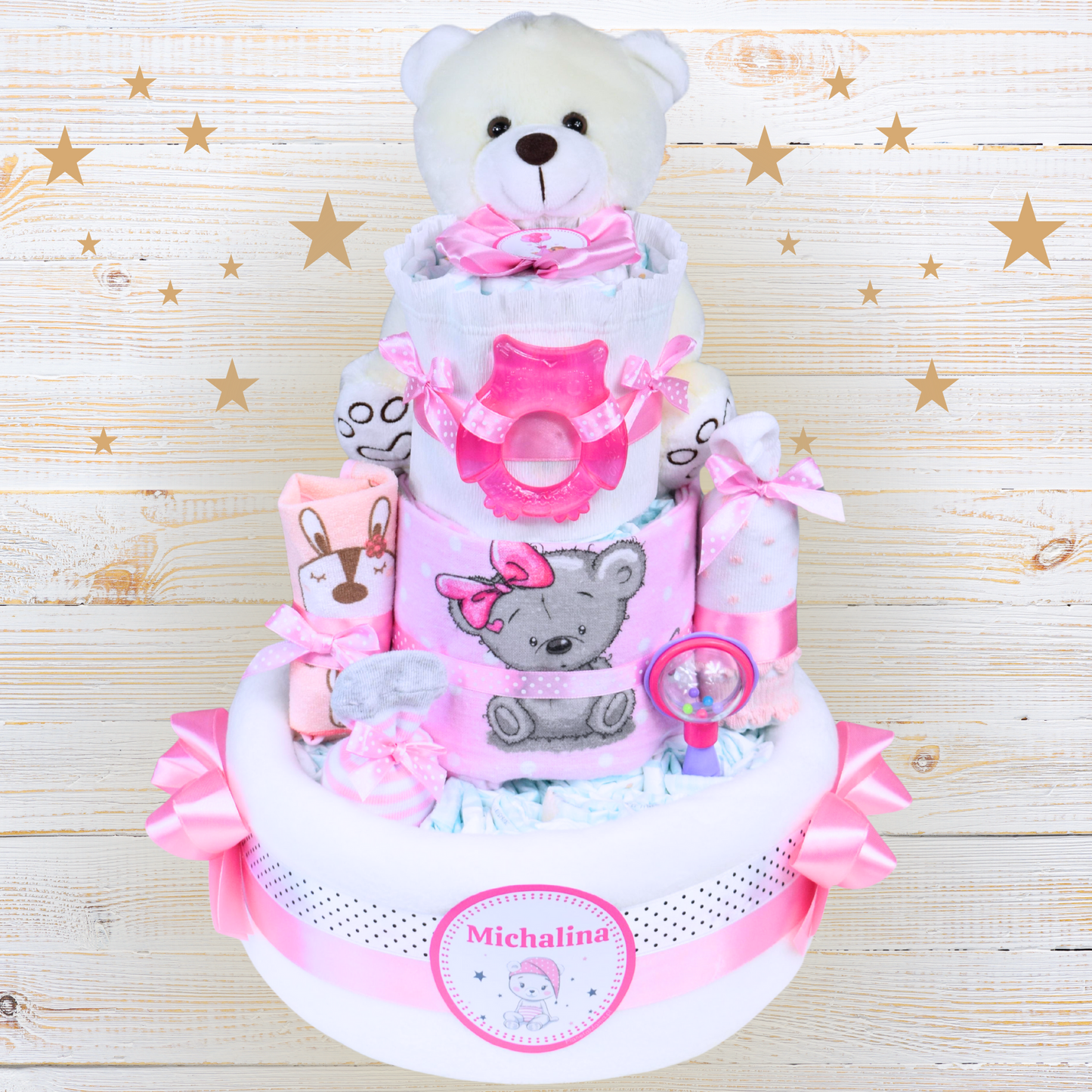 Tort z pieluch pampers z akcesoriami różowy