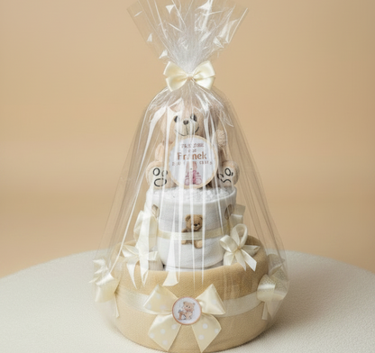 Tort z Pieluch z Misiem i Metryczką – Prezent dla Noworodka na Narodziny, Baby Shower i Chrzest | Pampers / Dada r.2