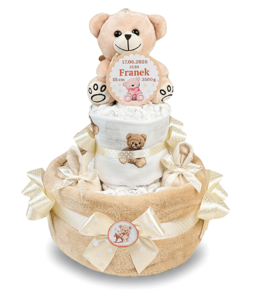 Tort z Pieluch z Misiem i Metryczką – Prezent dla Noworodka na Narodziny, Baby Shower i Chrzest | Pampers / Dada r.2