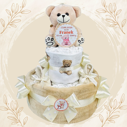 Tort z Pieluch z Misiem i Metryczką – Prezent dla Noworodka na Narodziny, Baby Shower i Chrzest | Pampers / Dada r.2