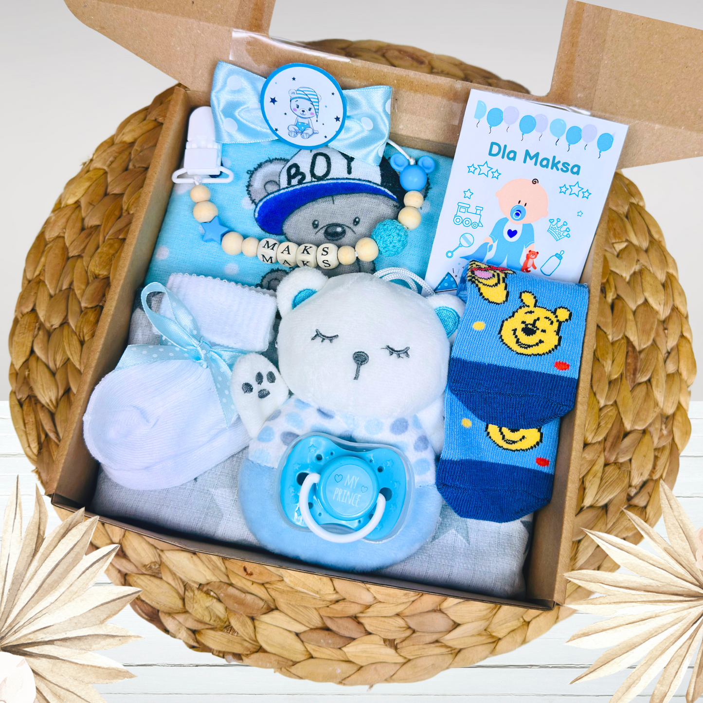 Zestaw prezentowy gift baby box niebieski zawieszka do smoczka PM02