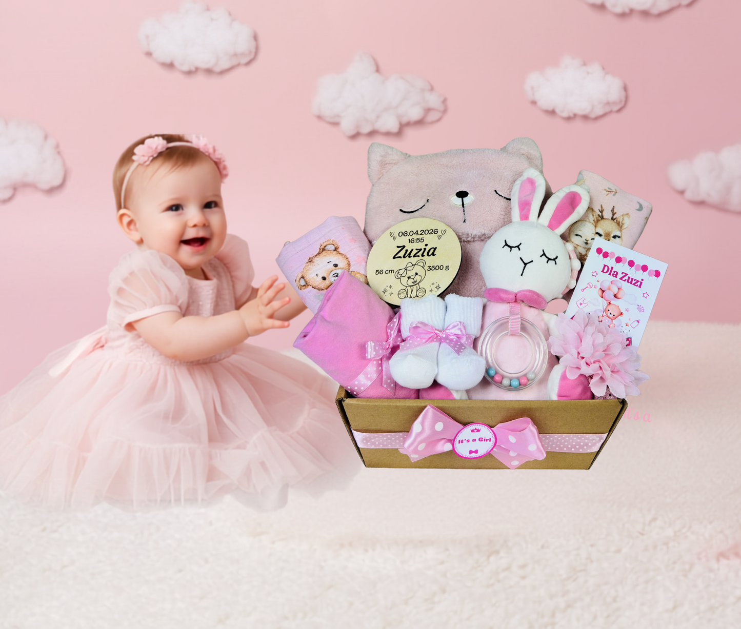 Zestaw Prezentowy dla Noworodka Dziewczynki | Chrzest, Baby Shower, Pozytywka | Gift Baby Box
